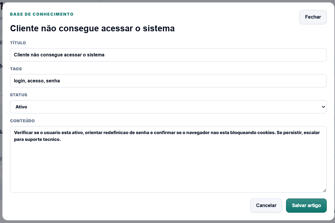 Edi&ccedil;&atilde;o de artigo da Base de Conhecimento com t&iacute;tulo, tags, status e procedimento recomendado.