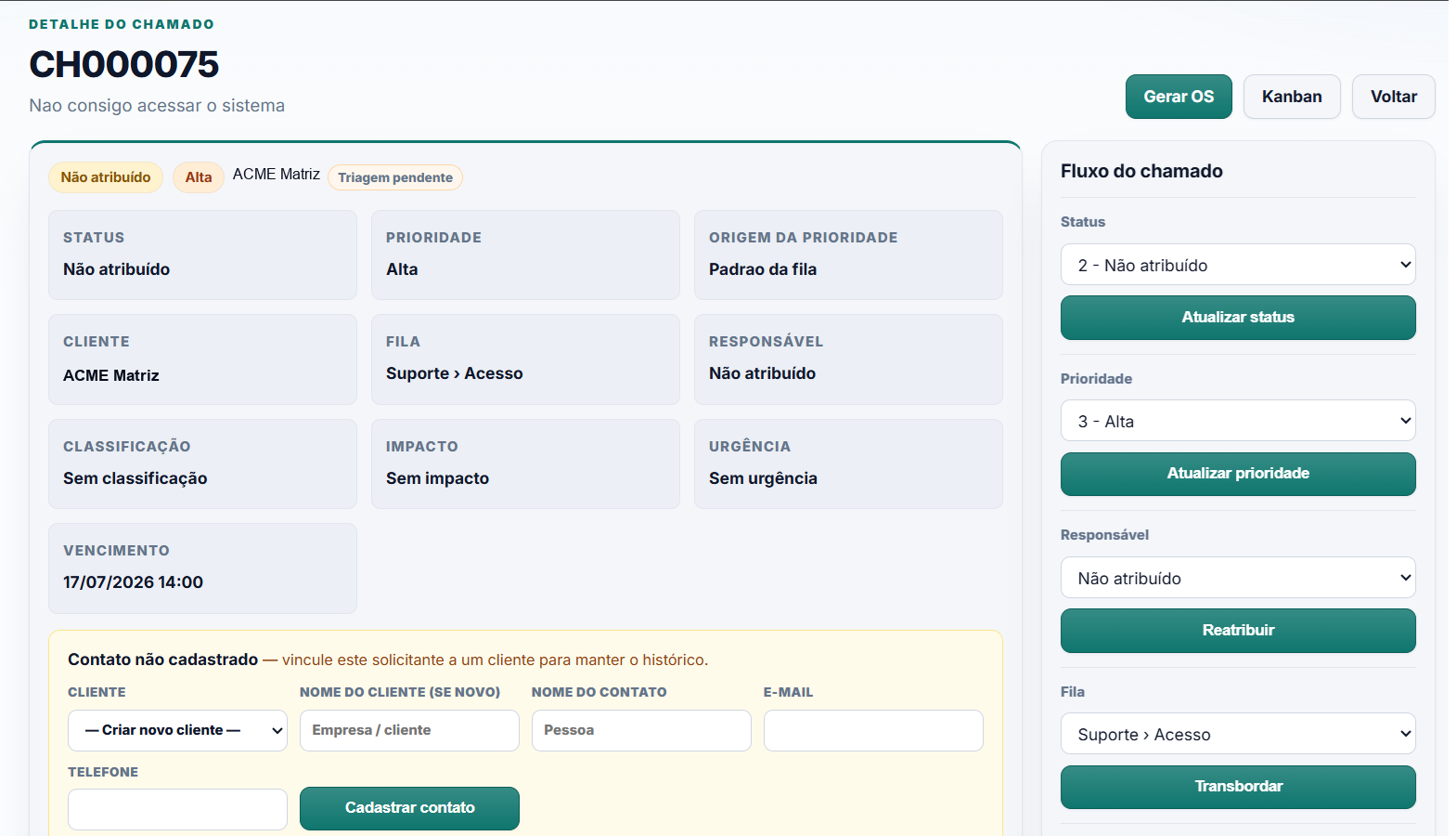 Detalhe de chamado com status, prioridade, cliente, fila, respons&aacute;vel, impacto e urg&ecirc;ncia.