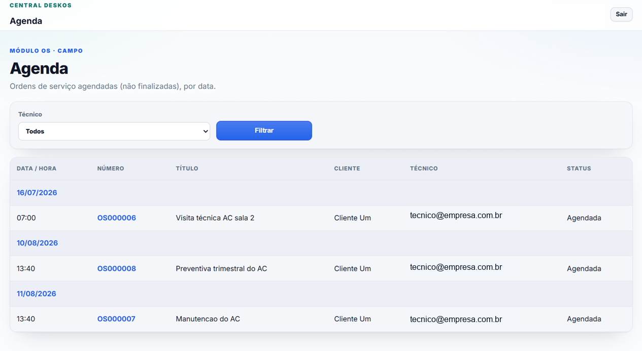 Tela real da agenda de ordens de servi&ccedil;o por data, cliente, t&eacute;cnico e status.