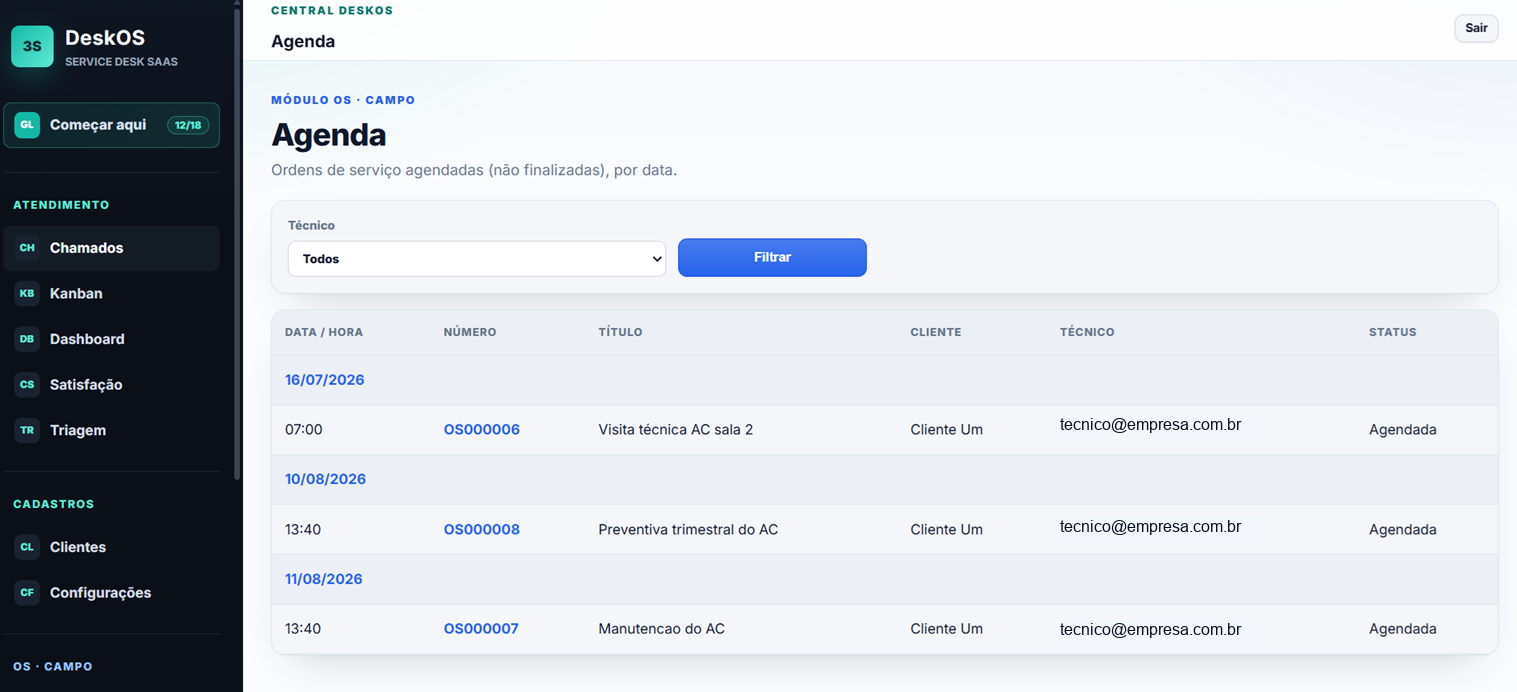 Tela real da agenda de ordens de servi&ccedil;o por data, cliente, t&eacute;cnico e status.