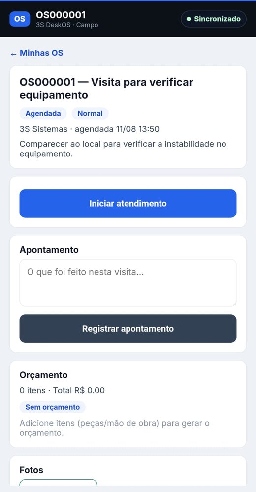Tela real do app de campo do t&eacute;cnico com ordem de servi&ccedil;o, apontamento, or&ccedil;amento e fotos.
