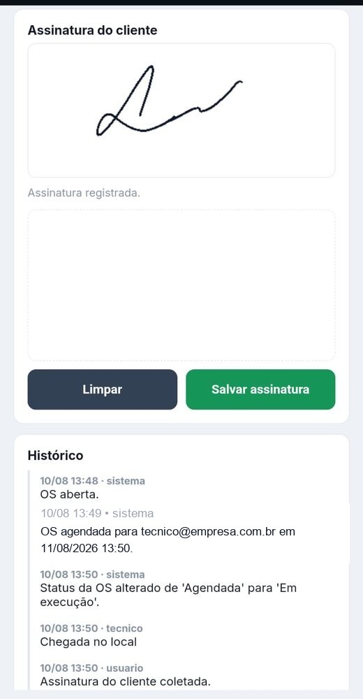 Tela real do app de campo com assinatura do cliente registrada e hist&oacute;rico da ordem de servi&ccedil;o.
