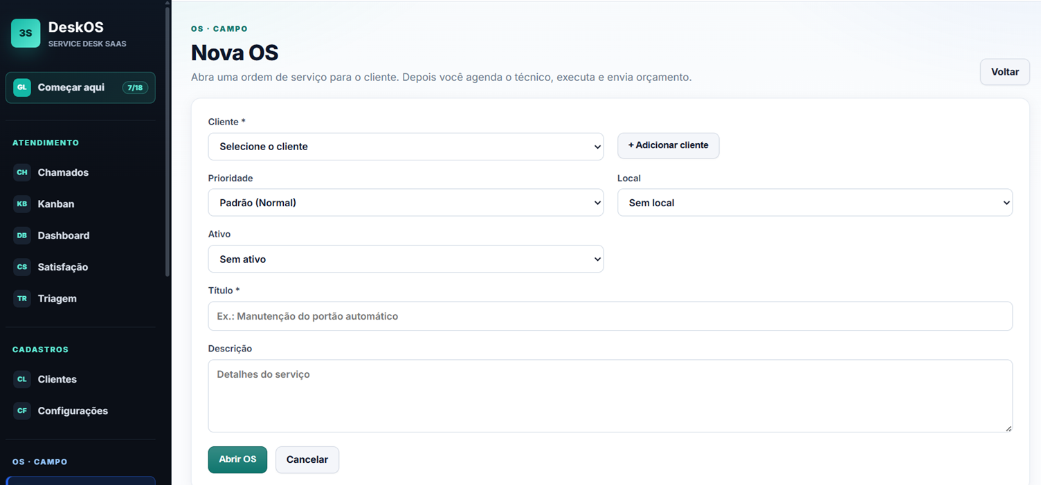 Tela real de cria&ccedil;&atilde;o de nova ordem de servi&ccedil;o com cliente, prioridade, local, ativo, t&iacute;tulo e descri&ccedil;&atilde;o.