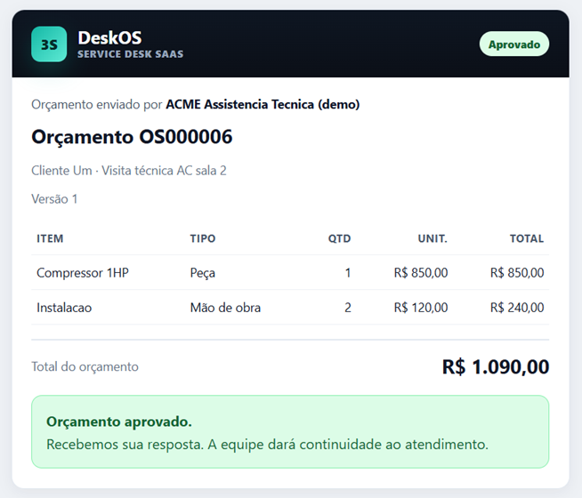 Tela real do link p&uacute;blico de aprova&ccedil;&atilde;o de or&ccedil;amento da ordem de servi&ccedil;o.