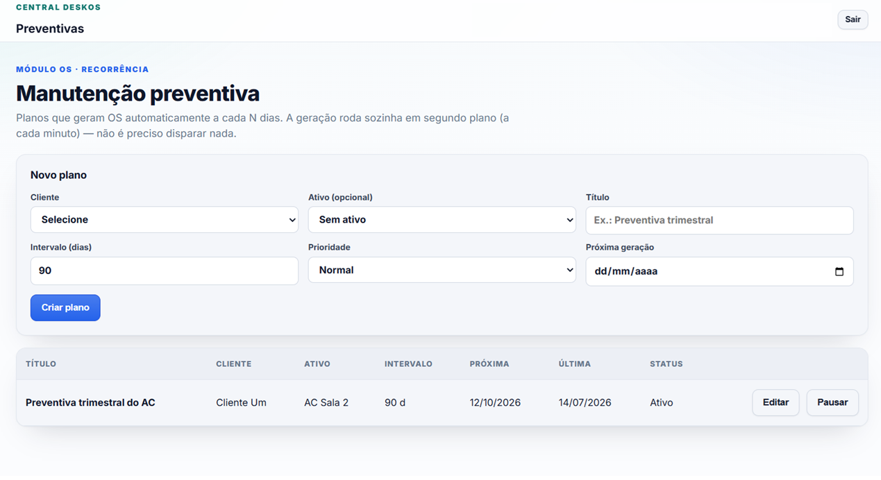 Tela real de manuten&ccedil;&atilde;o preventiva com cliente, ativo, intervalo, pr&oacute;xima gera&ccedil;&atilde;o e status do plano.